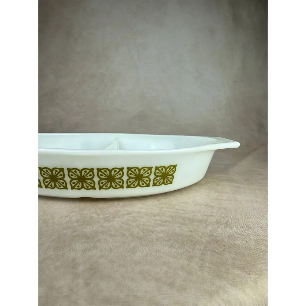 Vintage Pyrex Verde Split Casserole Dish Floral Mod MCM 1970s